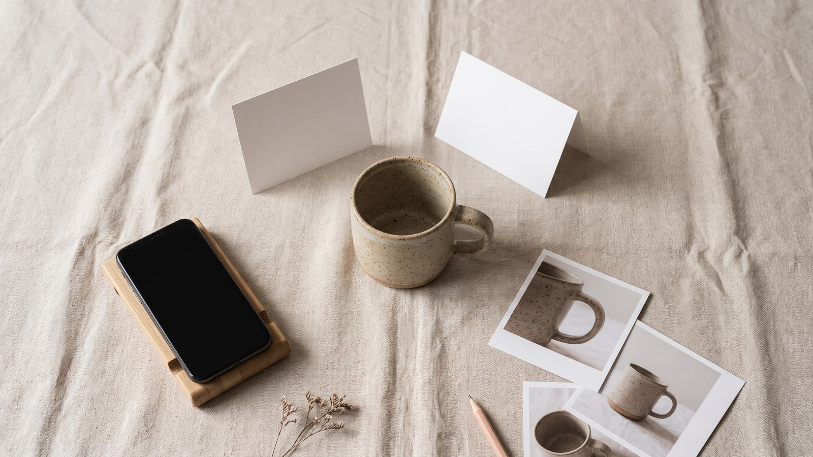 A ceramic mug on a plain linen surface in soft window light, with a white reflector card, a phone on a stand and printed photos of the mug from different angles.