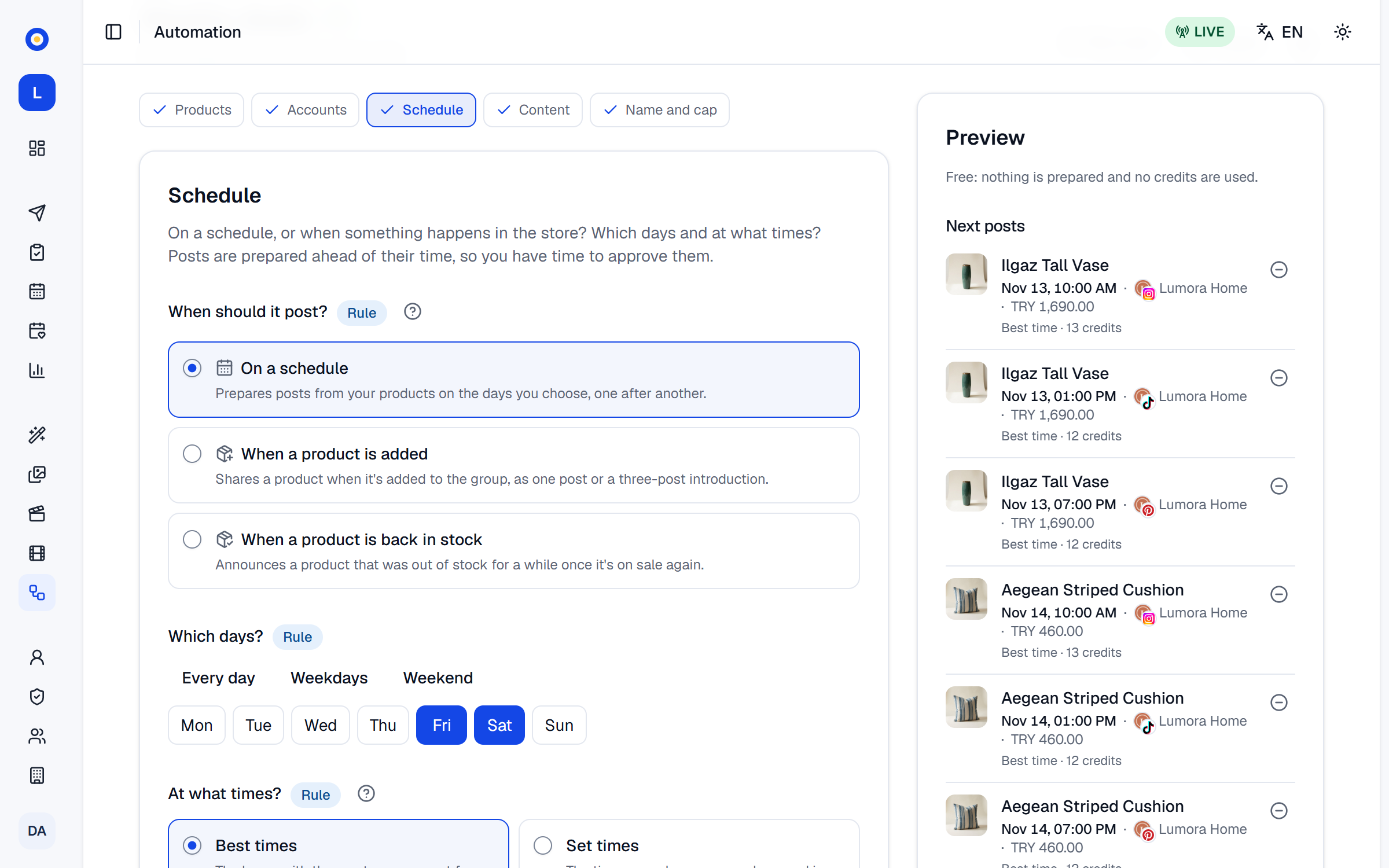 A rule's form in a smaller window: the Schedule step beside the preview's next posts, each with its time, account, price, reason and credits and a minus button