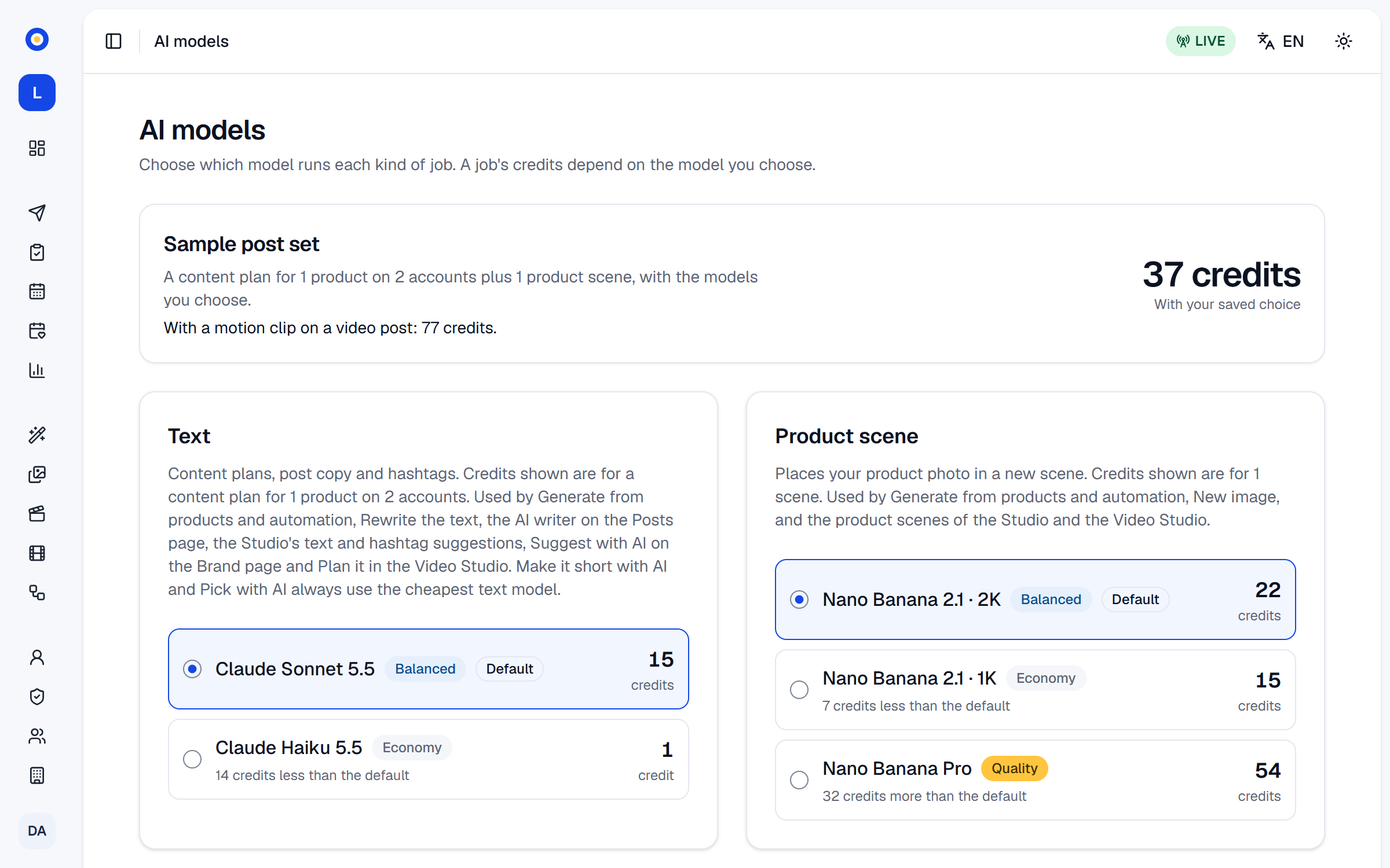 The AI models page with the models for text, pictures and video and their credits