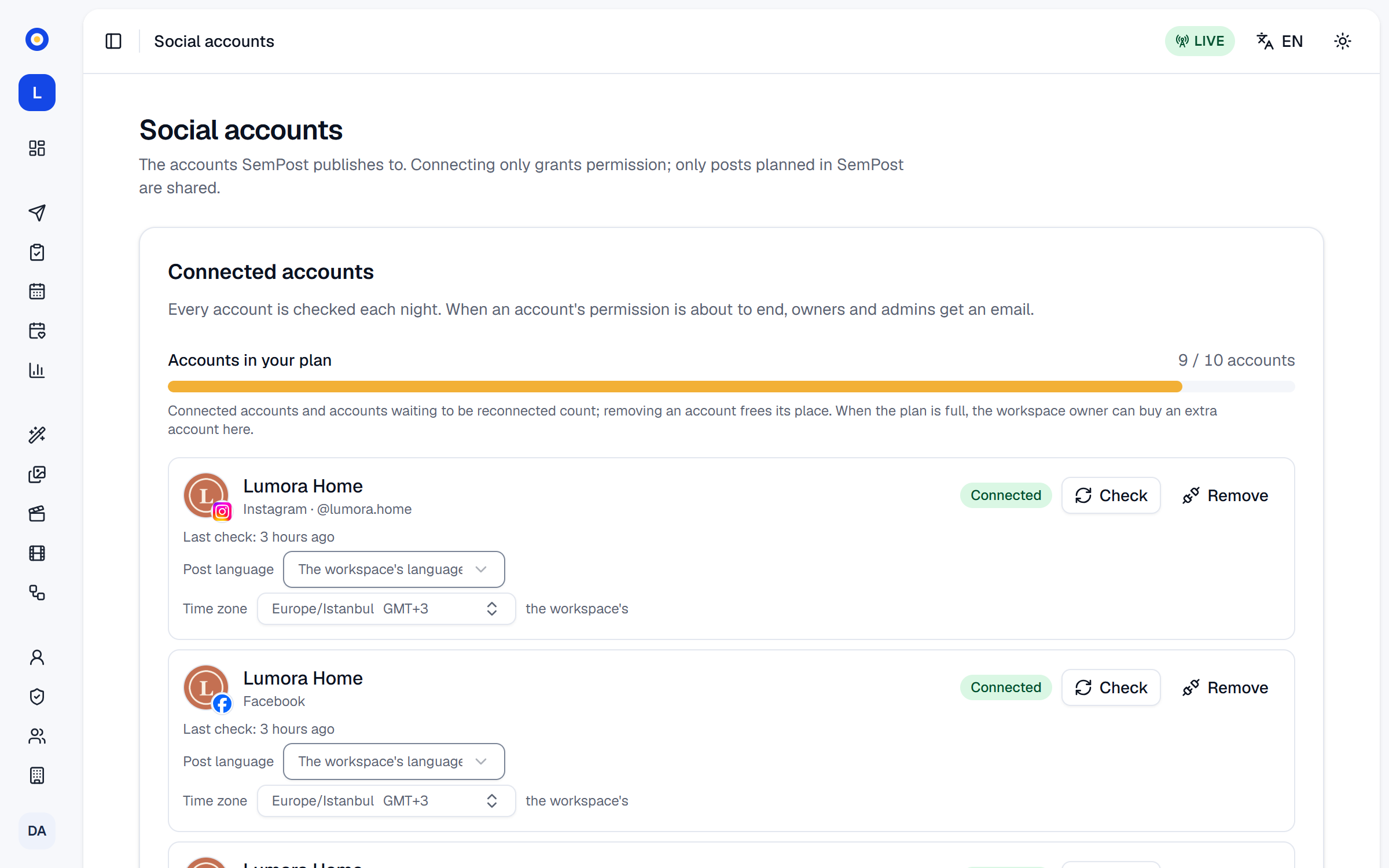 SemPost's social accounts page with Instagram, Facebook, TikTok and six more networks connected