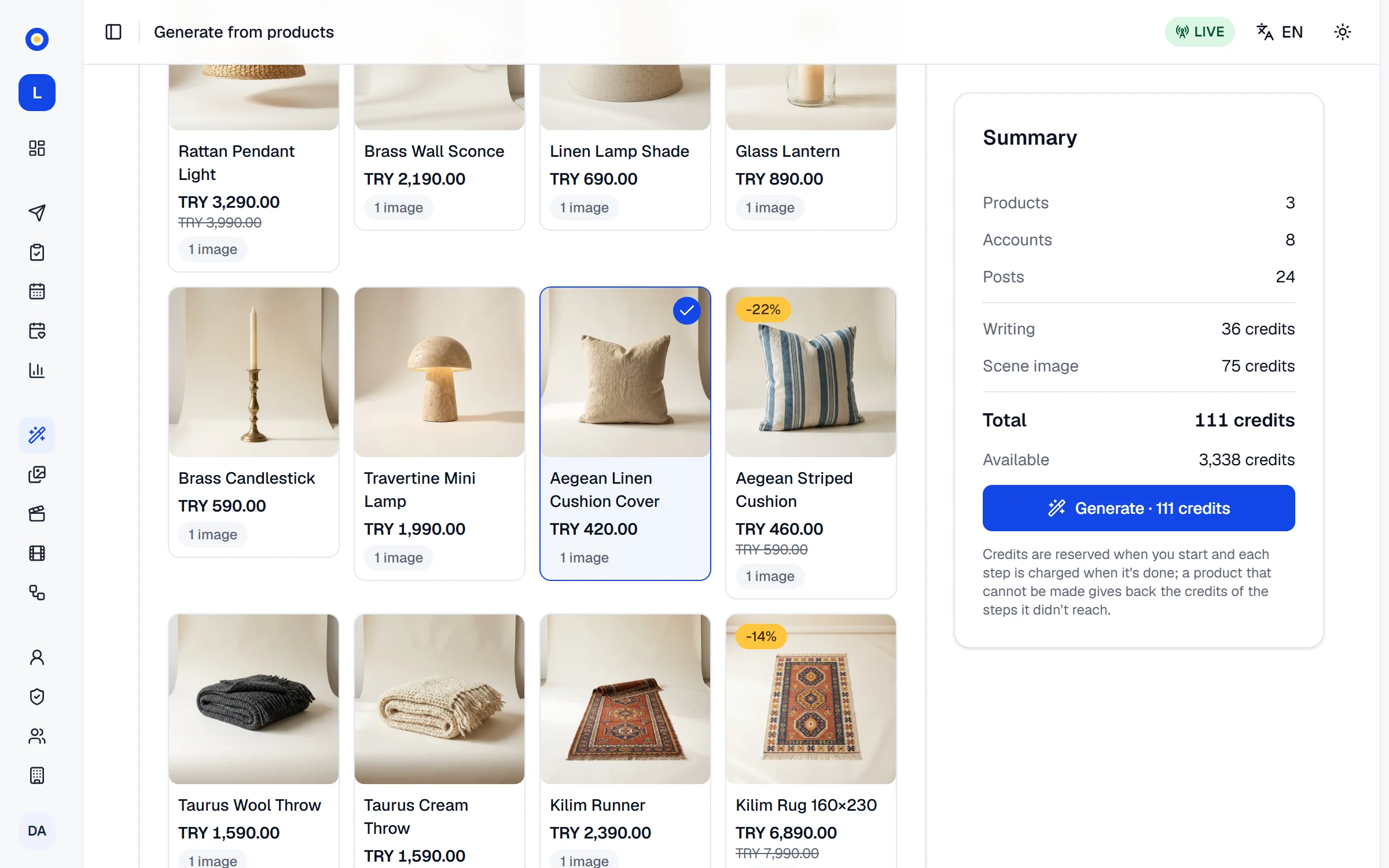 Generate from products: three products picked from the store's catalogue
