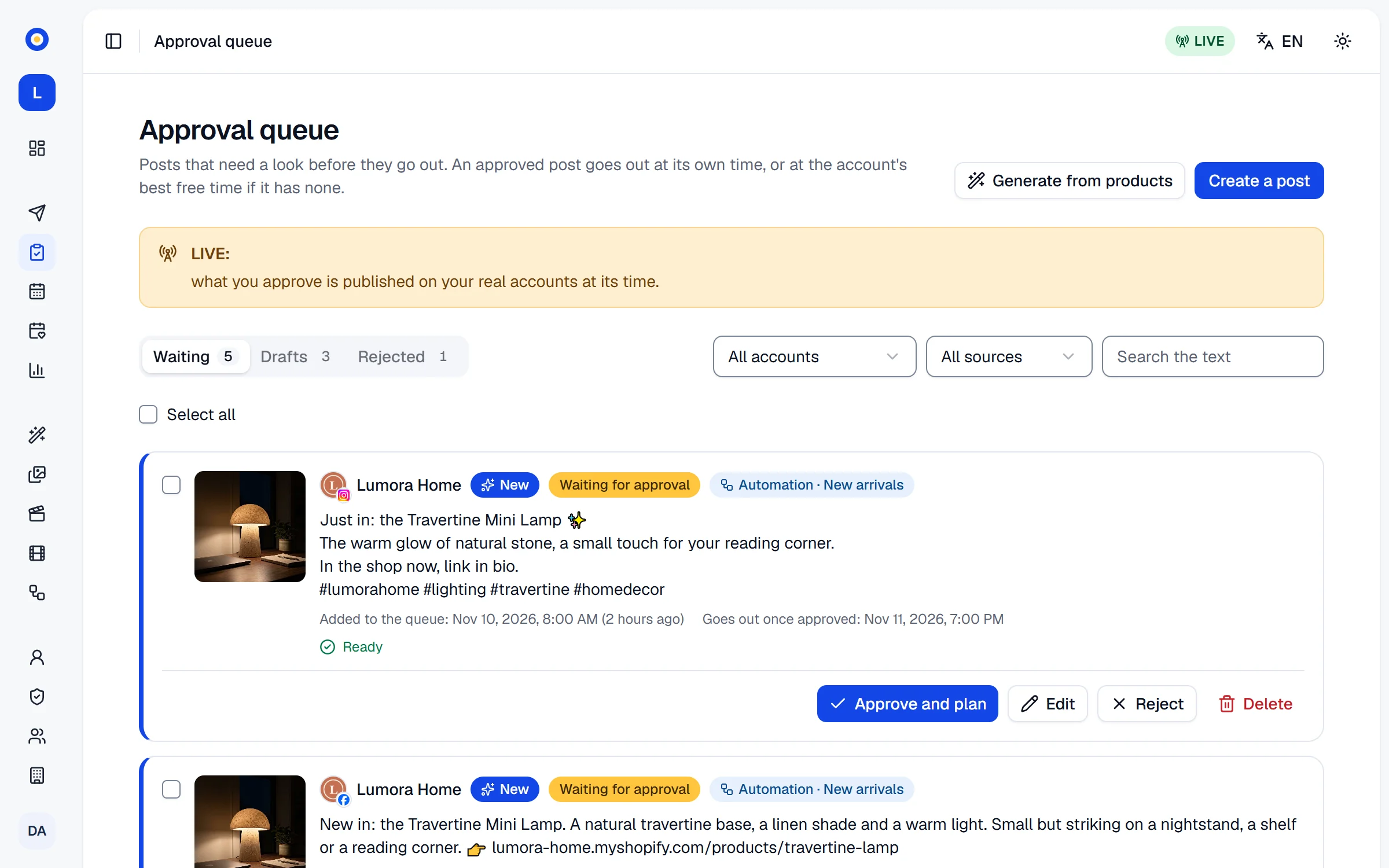 The approval queue with posts waiting for approval, each with its picture and network