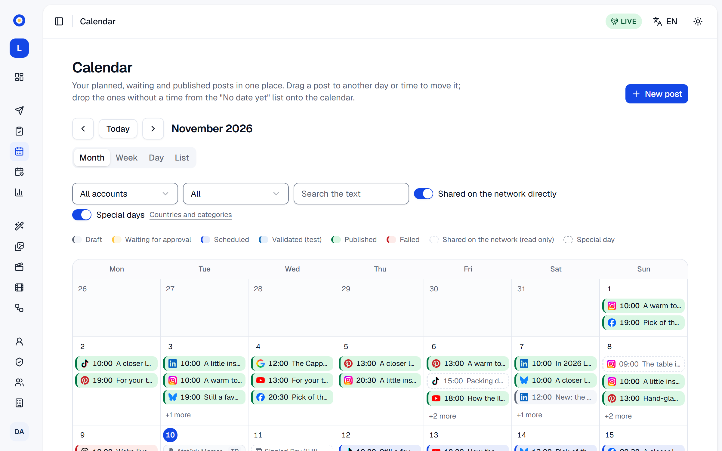 The calendar's month view, full of planned and published posts