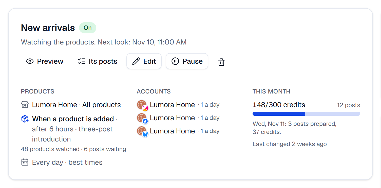 The automation page with three rules: new arrivals, weekly deals and a product a day