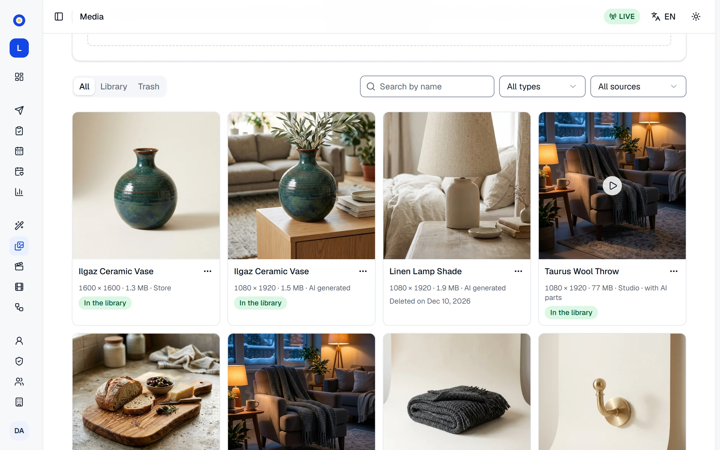 The media library with store photos, AI scenes and videos