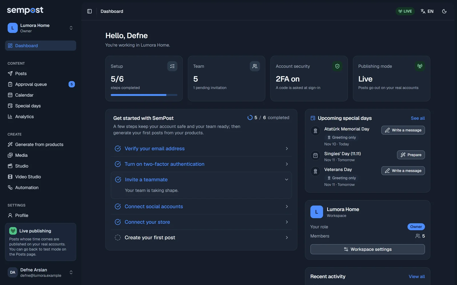 The dashboard: four summary cards, the Get started with SemPost list, the upcoming special days, the workspace card and recent activity