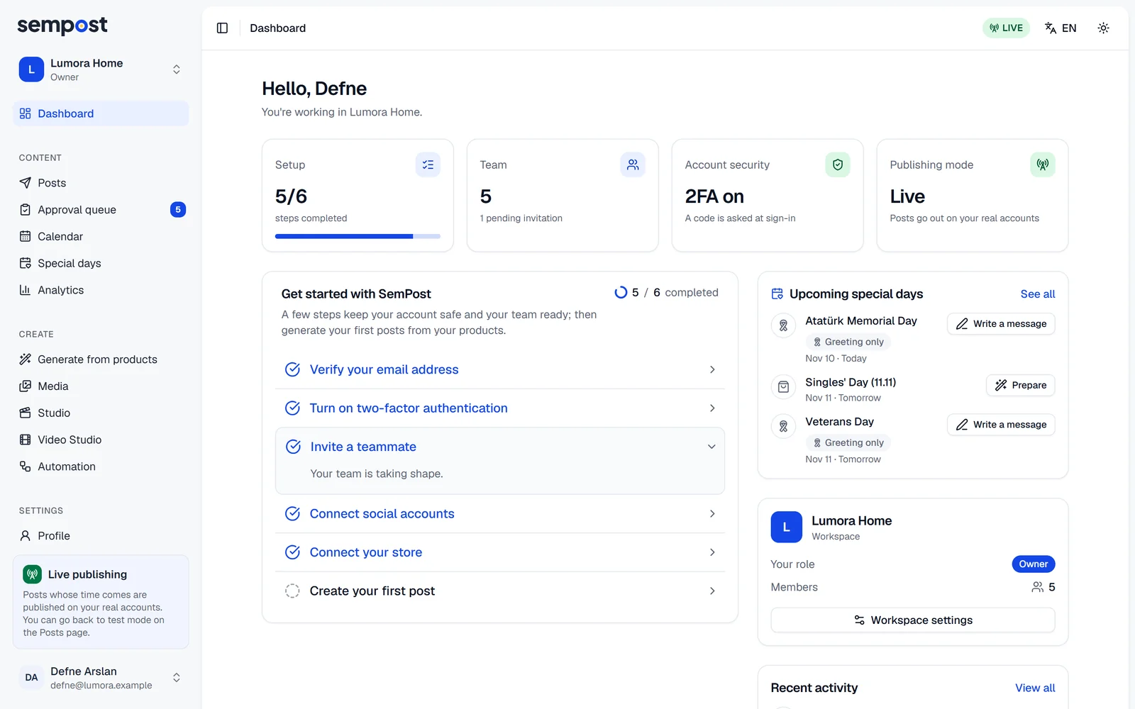 The dashboard: four summary cards, the Get started with SemPost list, the upcoming special days, the workspace card and recent activity