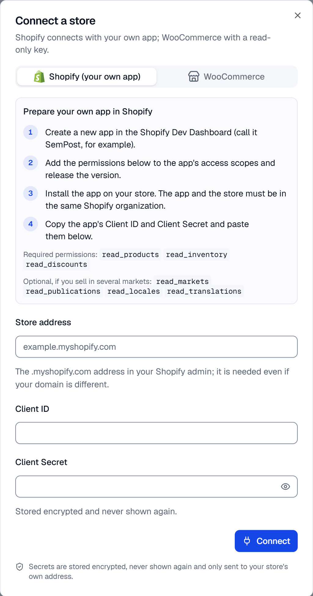 Connect a store, Shopify tab: the four steps, the required and optional permissions, and the Store address, Client ID and Client Secret fields