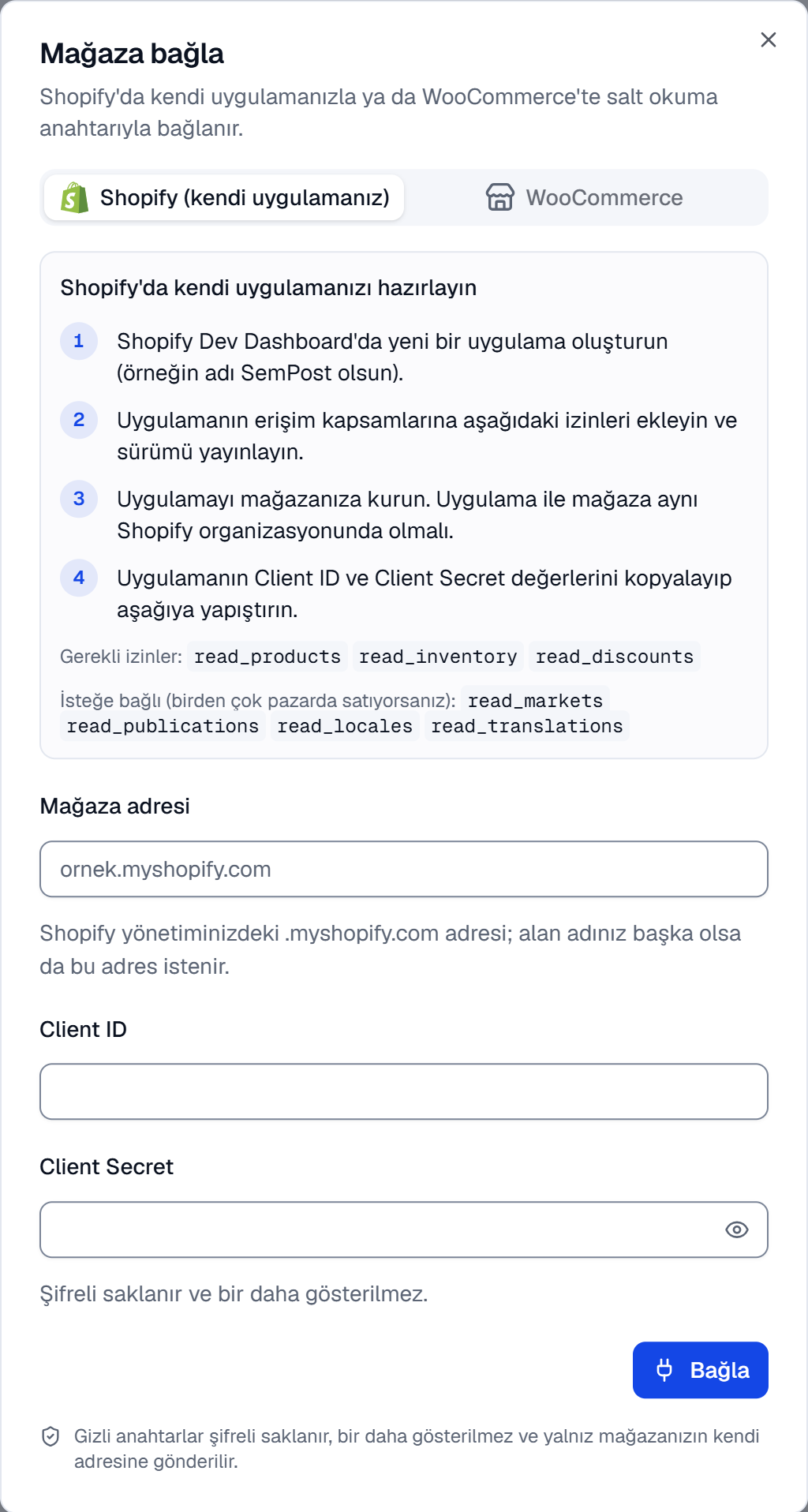 Mağaza bağla penceresinin Shopify sekmesi: dört adım, gerekli ve isteğe bağlı izinler; Mağaza adresi, Client ID ve Client Secret alanları