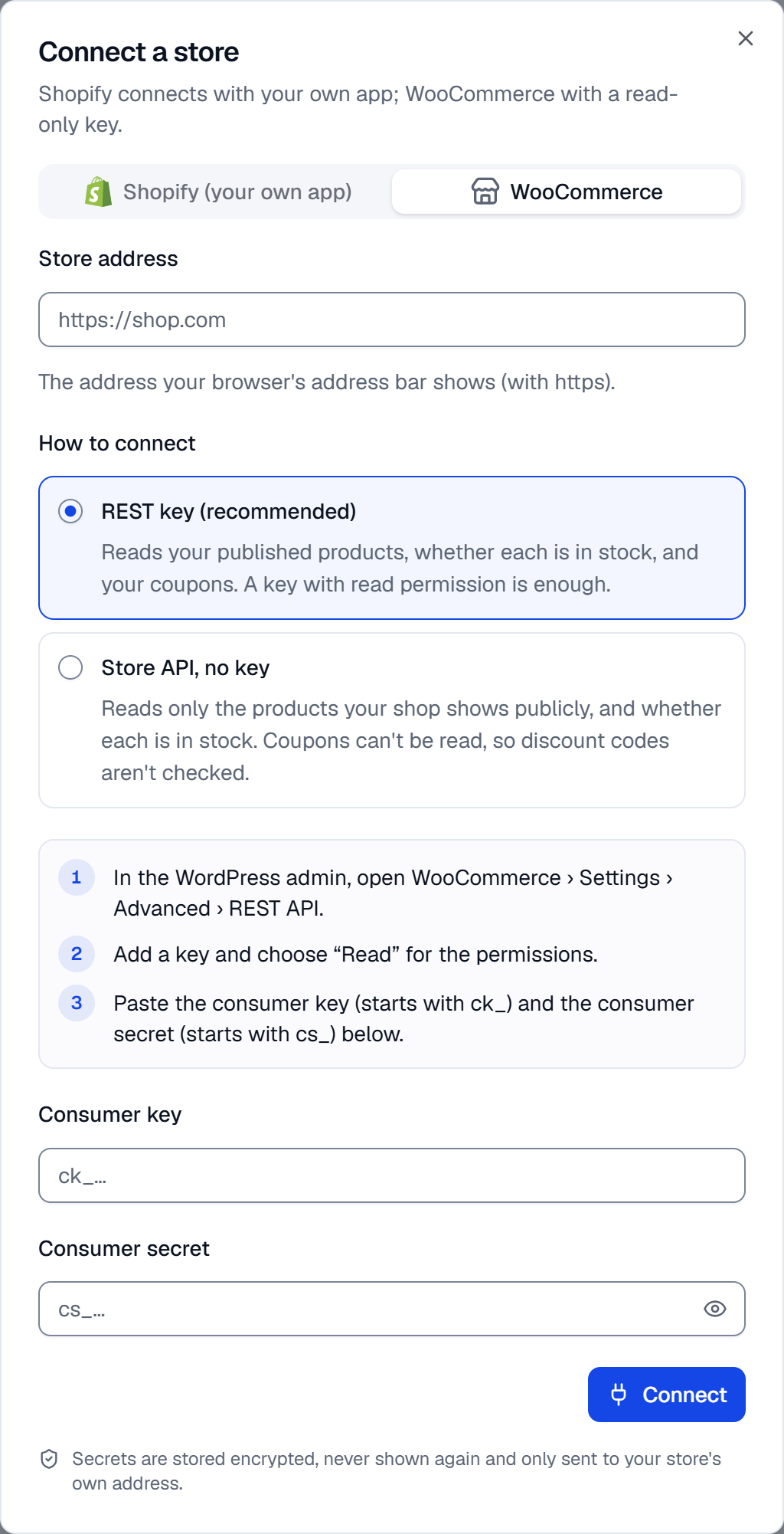 Connect a store, WooCommerce tab: Store address, the two ways to connect, the three steps for a key, and the Consumer key and Consumer secret fields