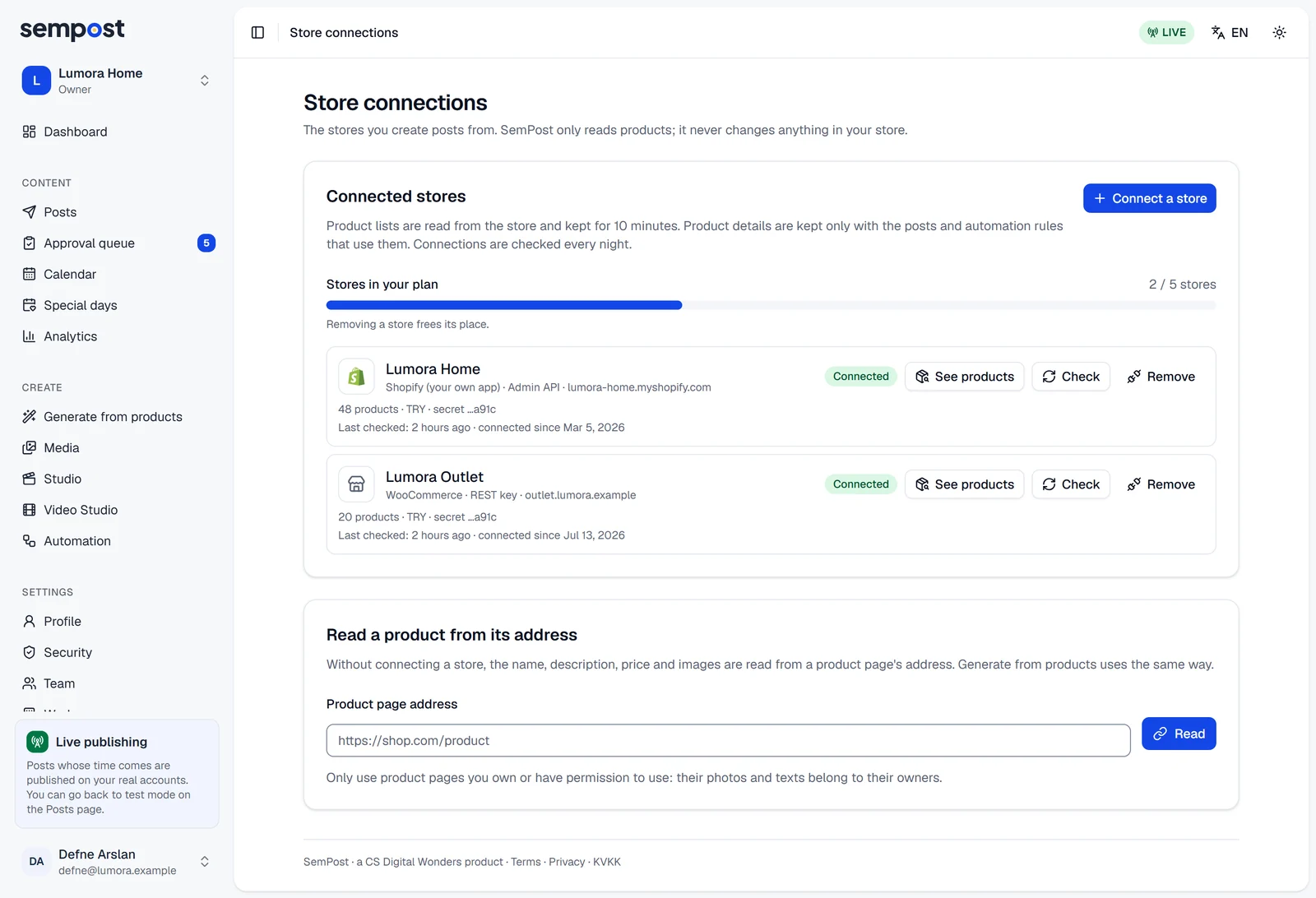 Store connections: the Stores in your plan meter and two connected stores, each with See products, Check and Remove