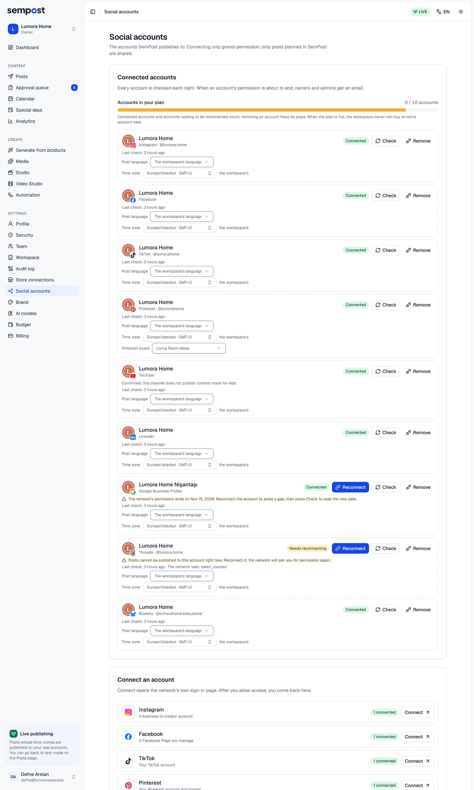 The Social accounts page: the connected accounts with their status, Check and Remove, and the Connect an account list below them