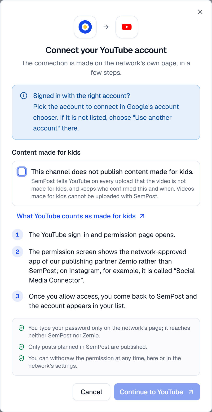 The Connect your YouTube account dialog, with the box This channel does not publish content made for kids still unticked