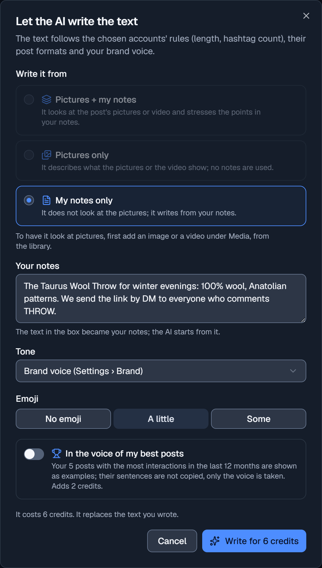 The Let the AI write the text window: the three sources, the notes, Tone, Emoji, In the voice of my best posts and the price