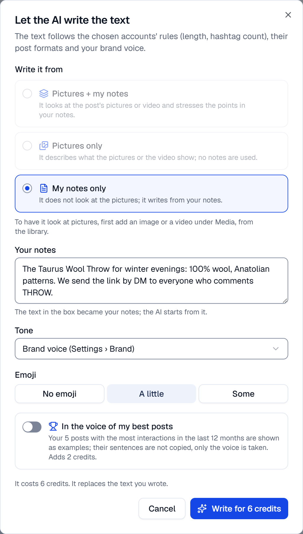 The Let the AI write the text window: the three sources, the notes, Tone, Emoji, In the voice of my best posts and the price