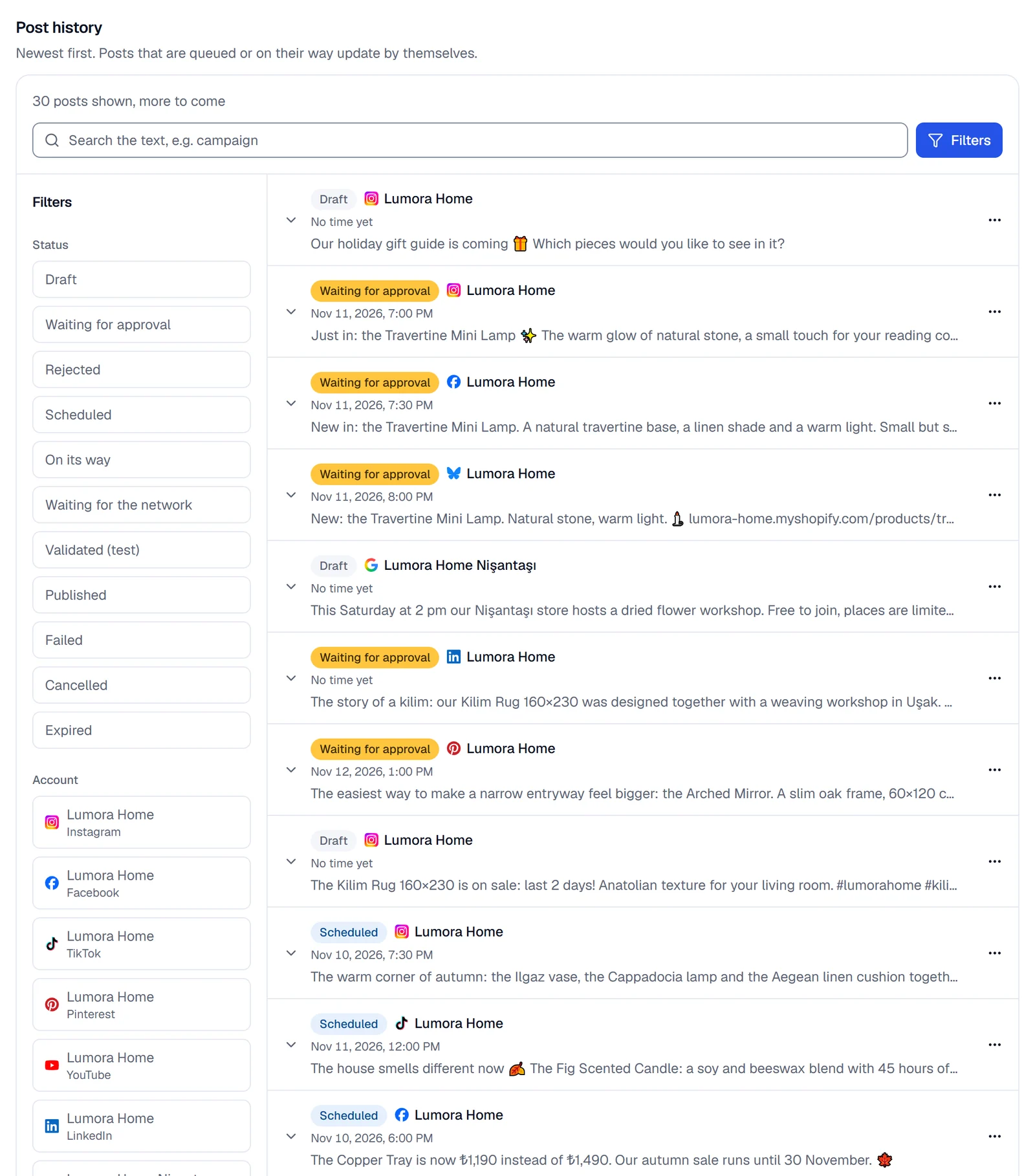 Post history with the Filters panel open: Status, Account and the rows of posts with their status, account, time and text