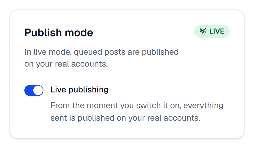 The Publish mode card with the Live badge and the Live publishing switch turned on