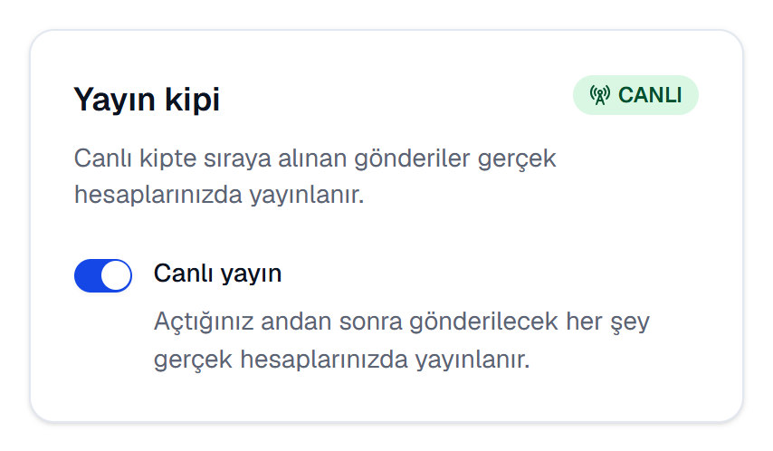 Yayın kipi kartı: CANLI rozeti ve açık Canlı yayın anahtarı