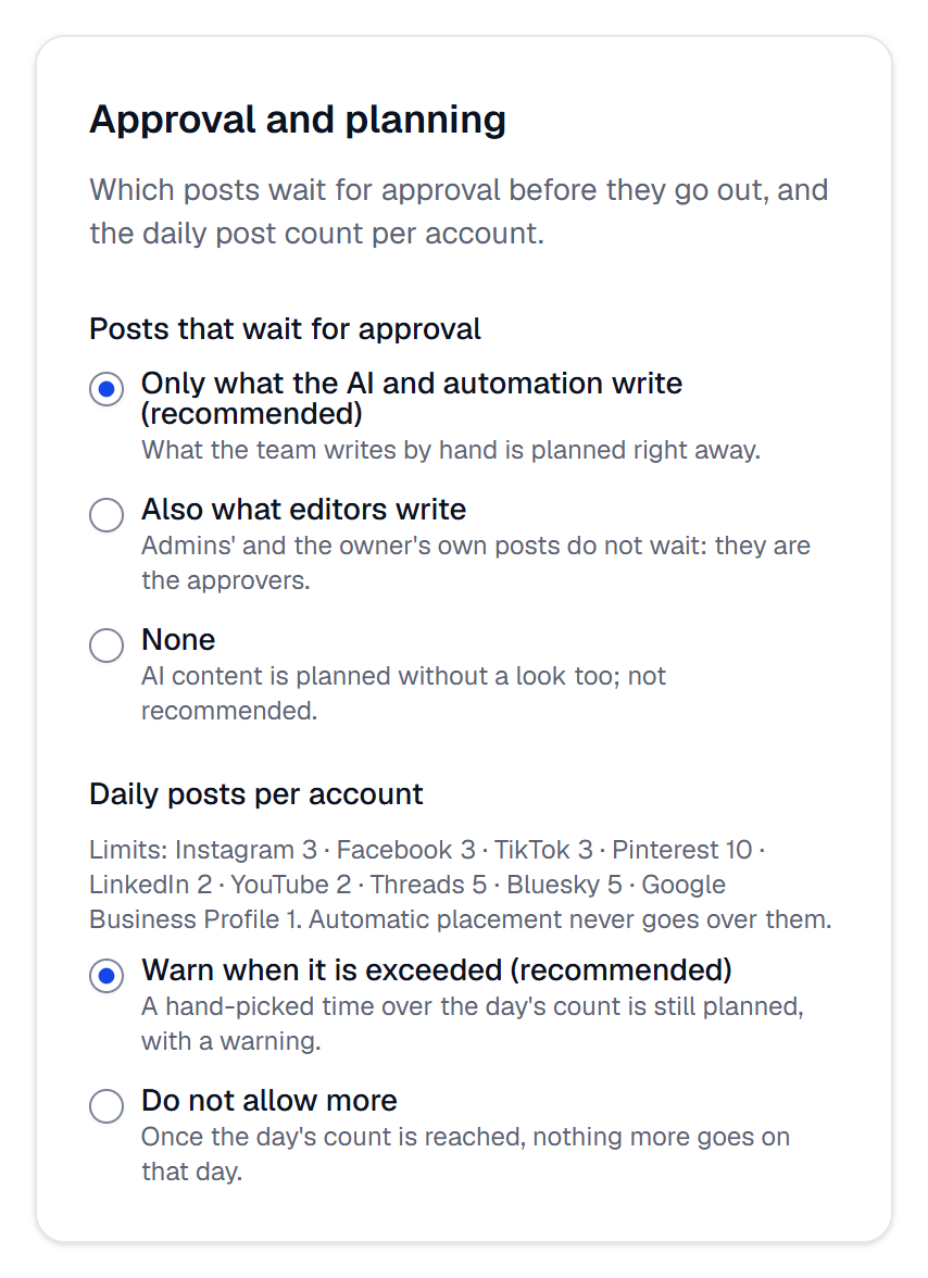 The Approval and planning card: which posts wait for approval, and the daily posts per account