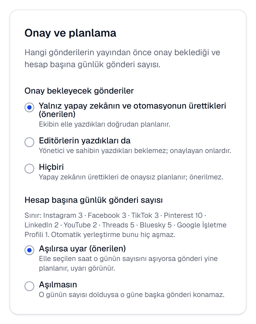 Onay ve planlama kartı: hangi gönderilerin onay beklediği ve hesap başına günlük gönderi sayısı
