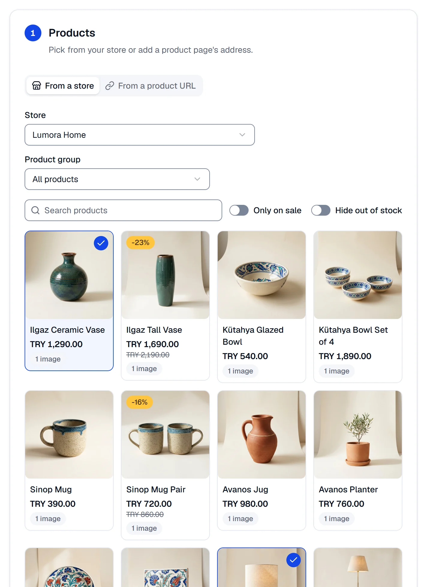 The Products step: the From a store tab, the product group, the search and the filters, with two products selected