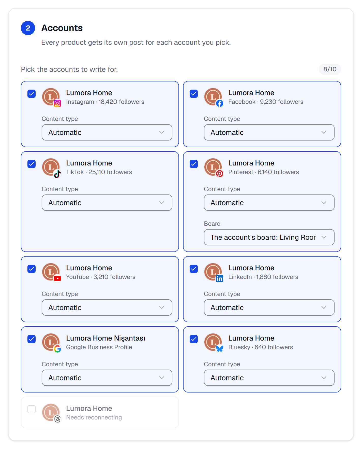 The Accounts step: eight accounts ticked, each with its content type, and the board of the Pinterest account