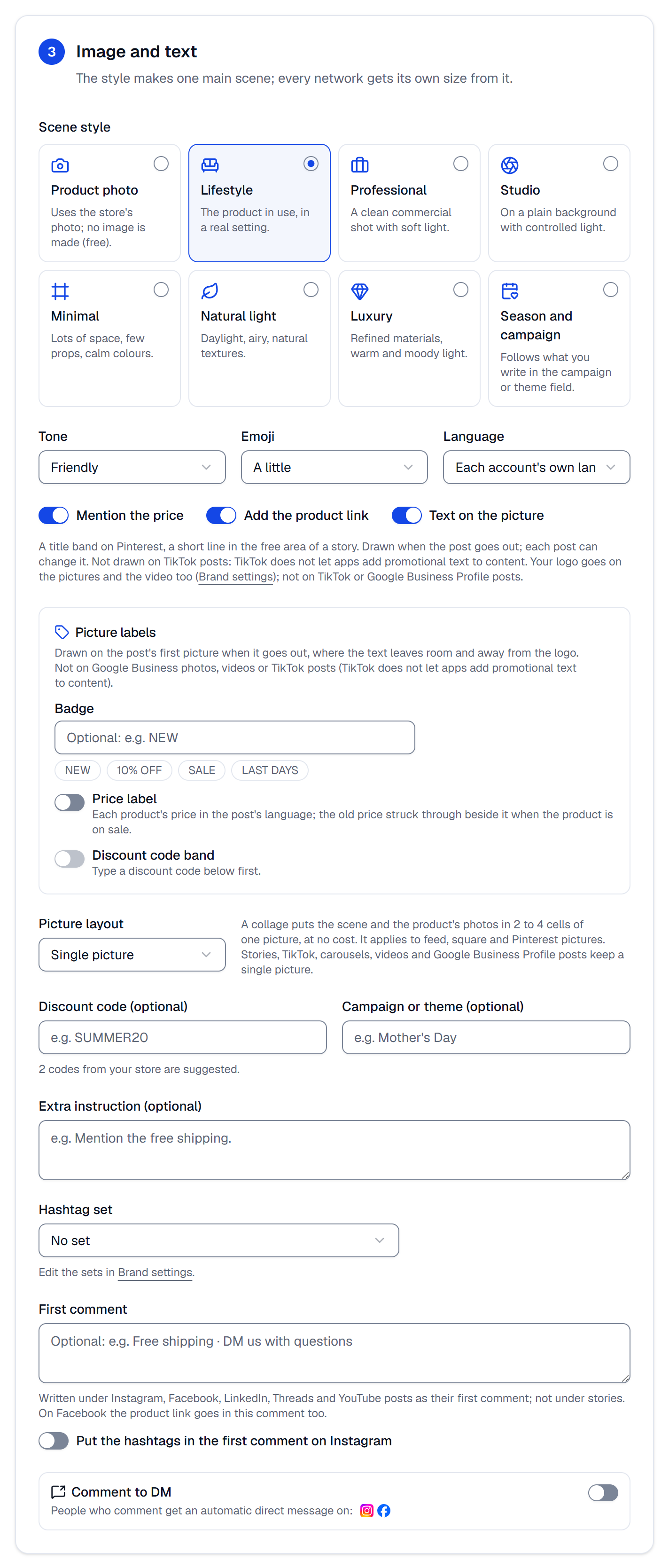 The Image and text step: the eight scene styles, tone, emoji and language, the switches, the picture labels, the picture layout and the text fields