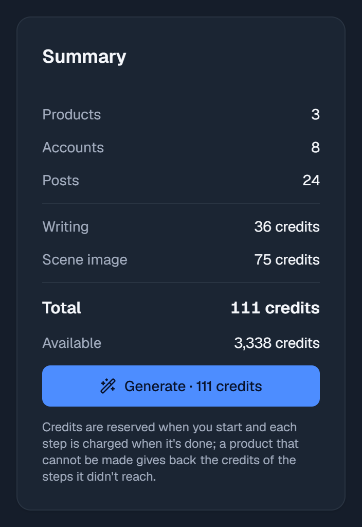 The summary: 3 products, 8 accounts and 24 posts, the credits for the writing and the scene image, the total and the available credits