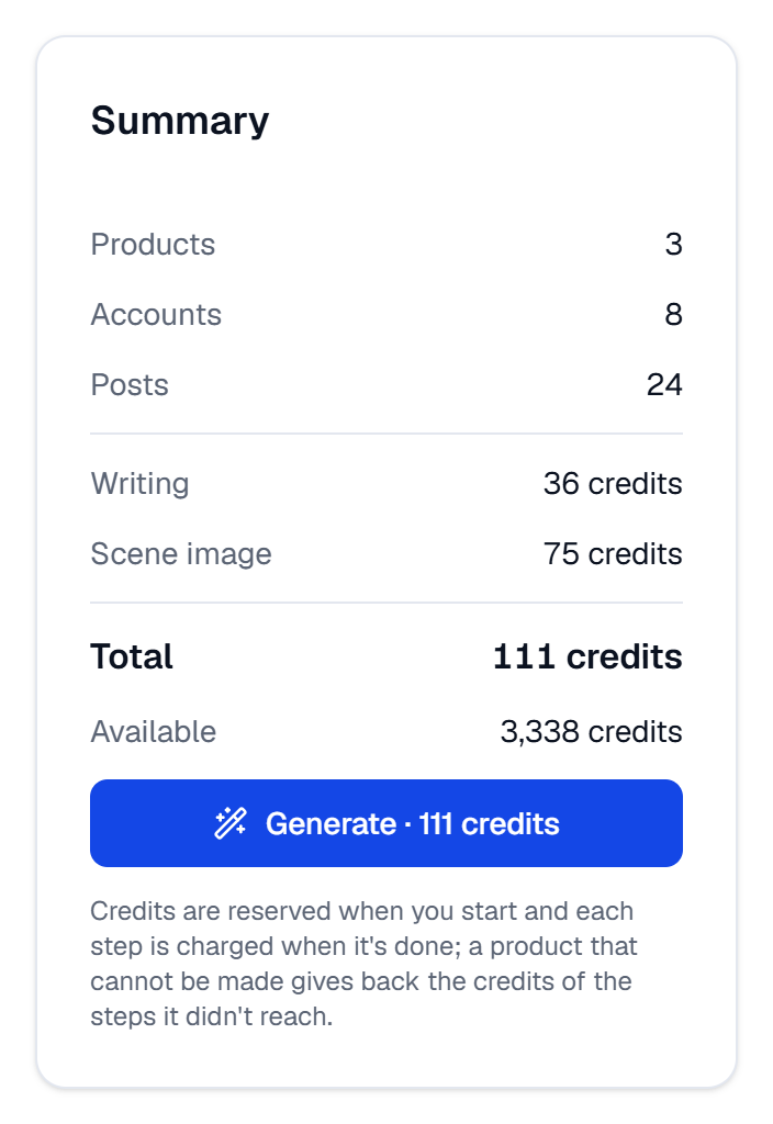 The summary: 3 products, 8 accounts and 24 posts, the credits for the writing and the scene image, the total and the available credits