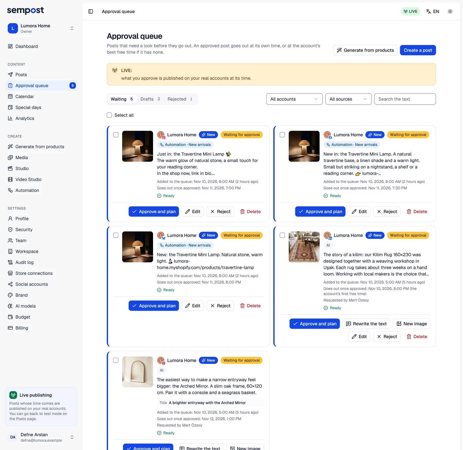 The approval queue with the Waiting, Drafts and Rejected tabs, the filters and posts marked New