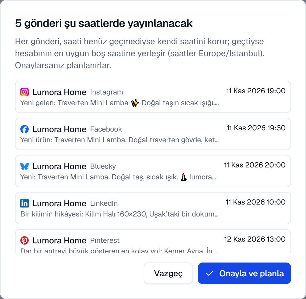 5 gönderi şu saatlerde yayınlanacak penceresi: her gönderinin hesabı, ağı, metni ve saati