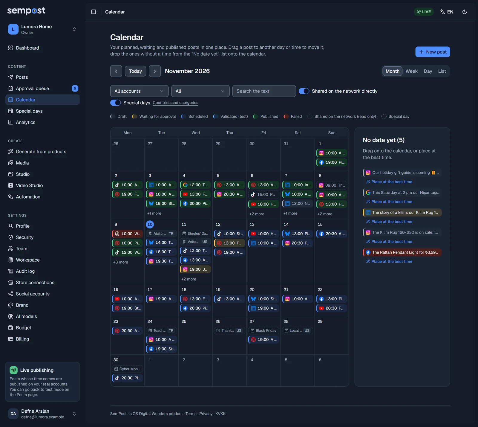 The calendar's month view with posts and special days on their days, the filters, the colour legend and the No date yet list