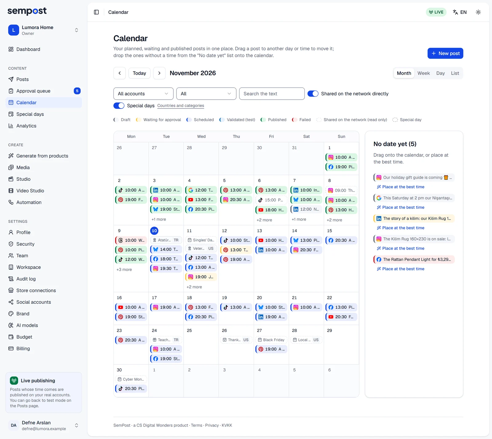 The calendar's month view with posts and special days on their days, the filters, the colour legend and the No date yet list