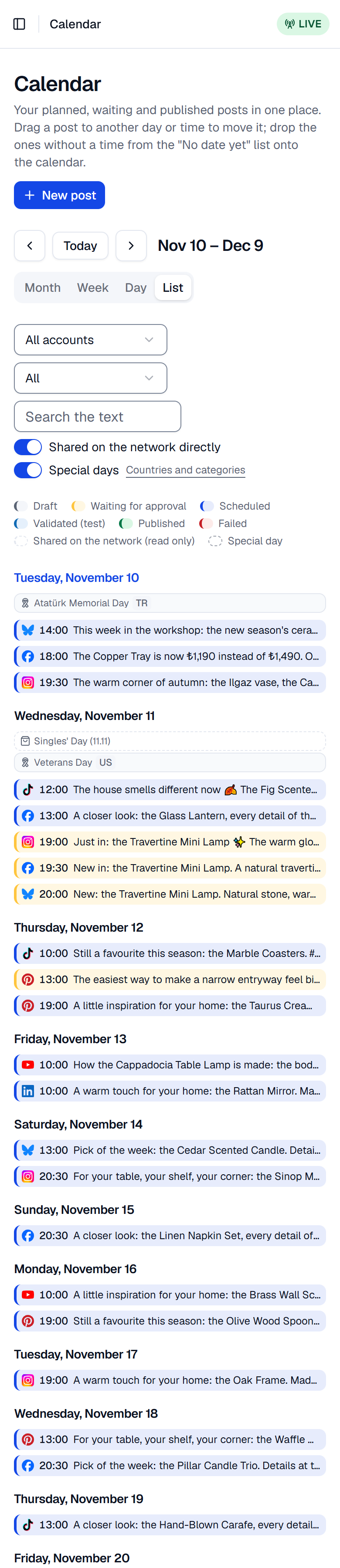 The calendar on a phone in the List view, with posts and special days grouped by day