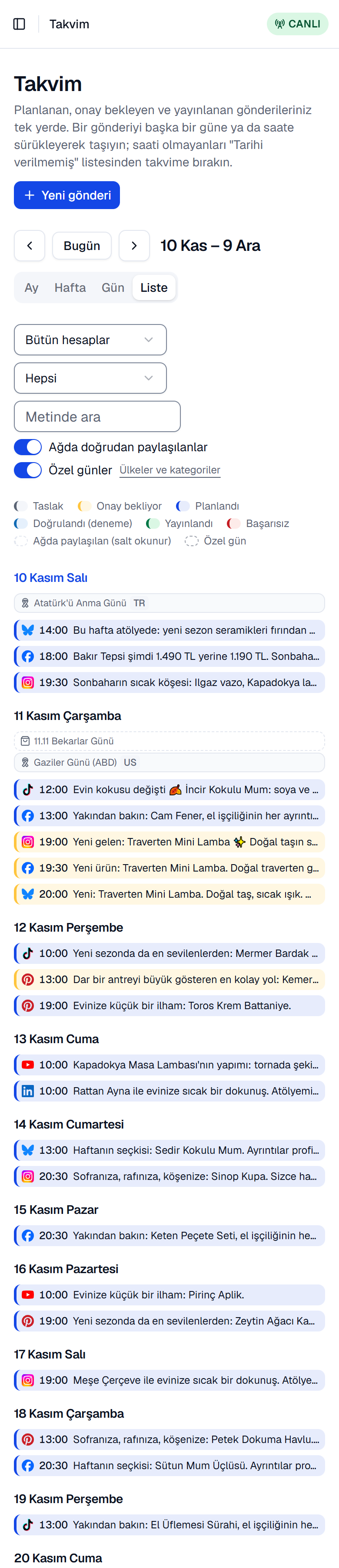 Telefonda takvim: Liste görünümünde güne göre gruplanmış gönderiler ve özel günler