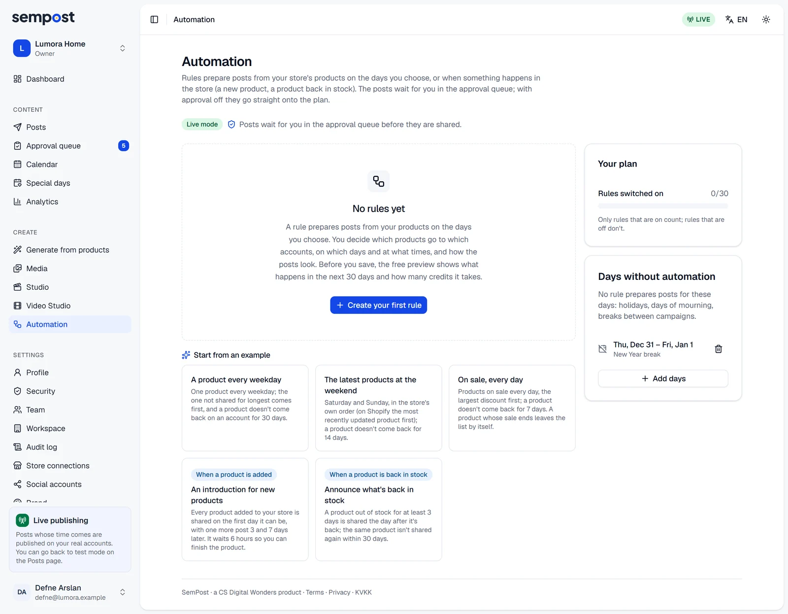 The Automation page with no rules yet: Create your first rule, the Your plan card and five example rules, two of them for new products and products back in stock