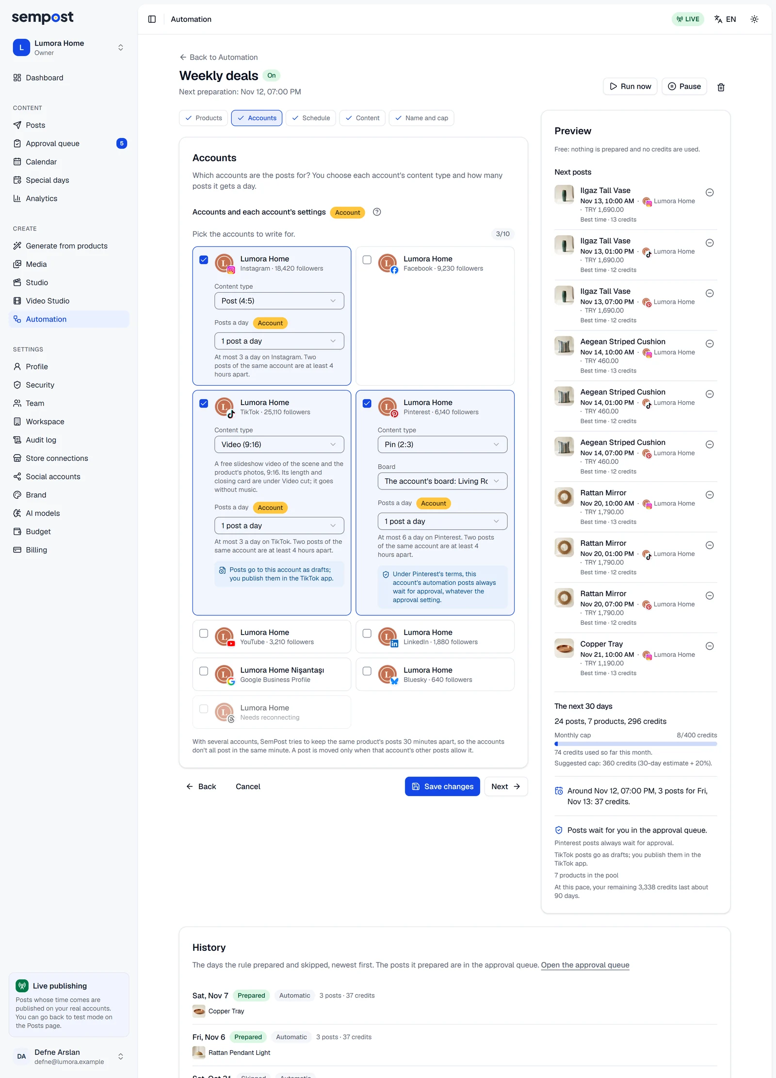 The Accounts step: Instagram, TikTok and Pinterest accounts ticked, each with its content type and posts a day, the TikTok draft note and the Pinterest approval note