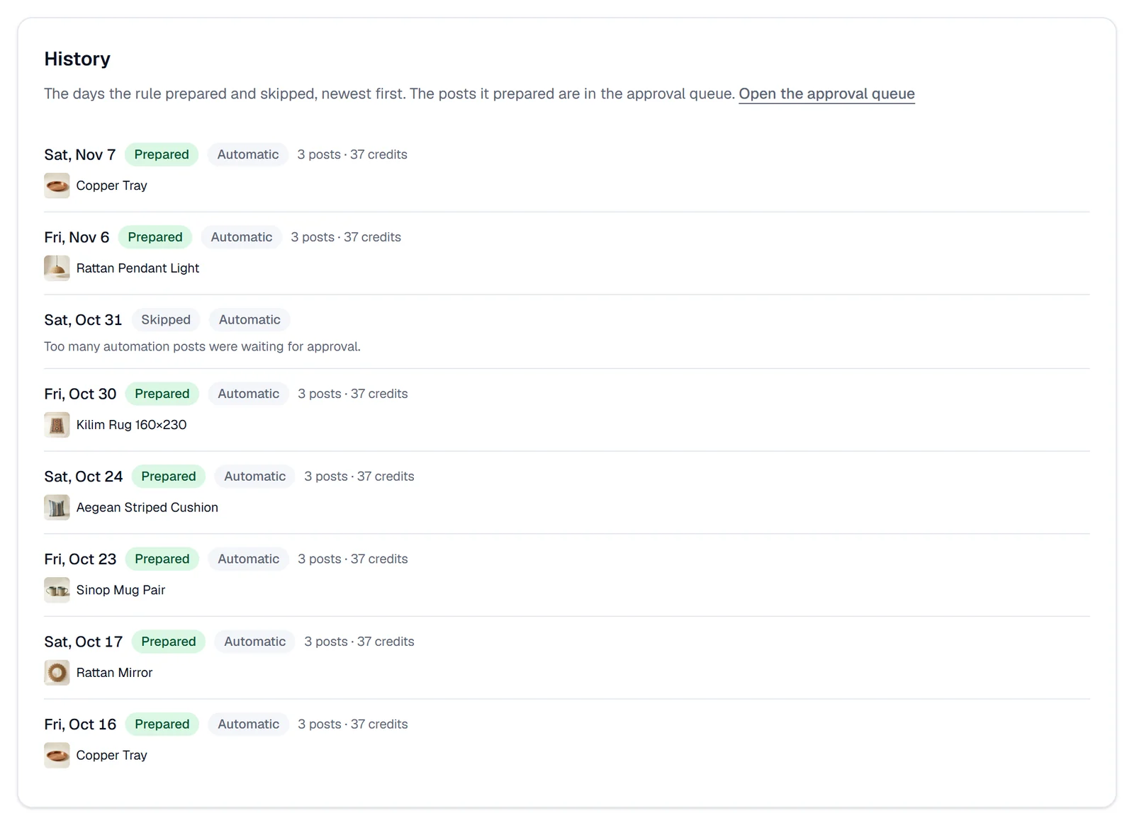 A rule's History: days marked Prepared or Skipped, each with Automatic, its posts and credits and the product it picked, and a skipped day with its reason