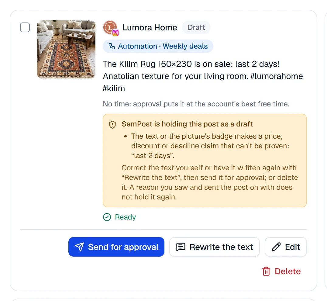 A draft with the notice SemPost is holding this post as a draft and the reason