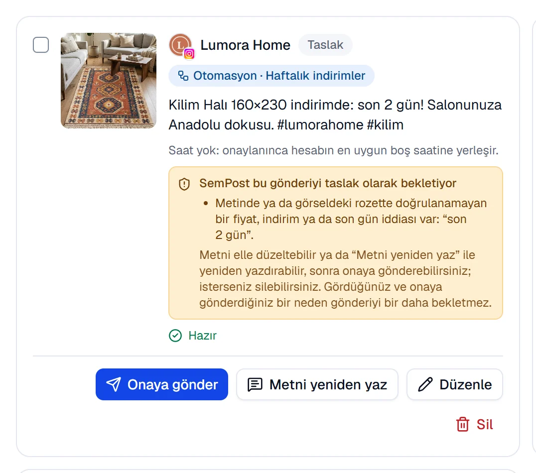 SemPost bu gönderiyi taslak olarak bekletiyor uyarısı ve nedeniyle bir taslak