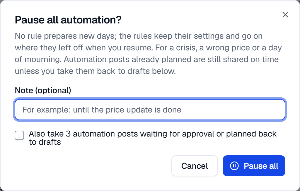 The Pause all automation? window with the note and the box that takes 3 automation posts back to drafts