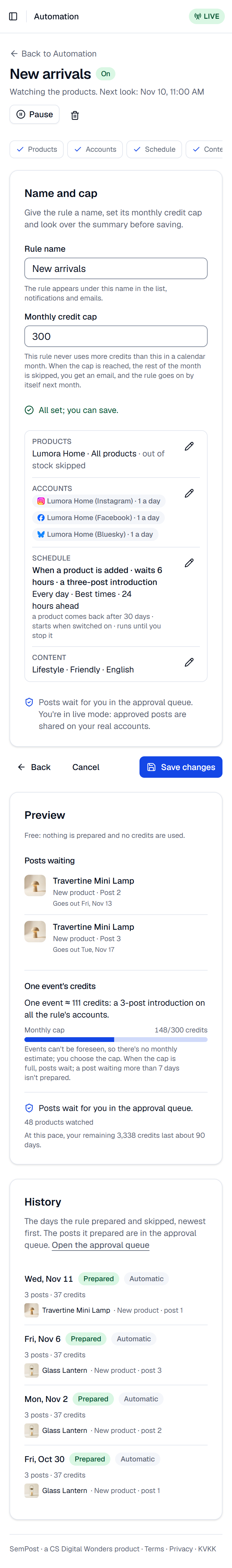 An event rule on a phone: its summary with the trigger, the preview's posts waiting and one event's credits, and the history with each product's post number