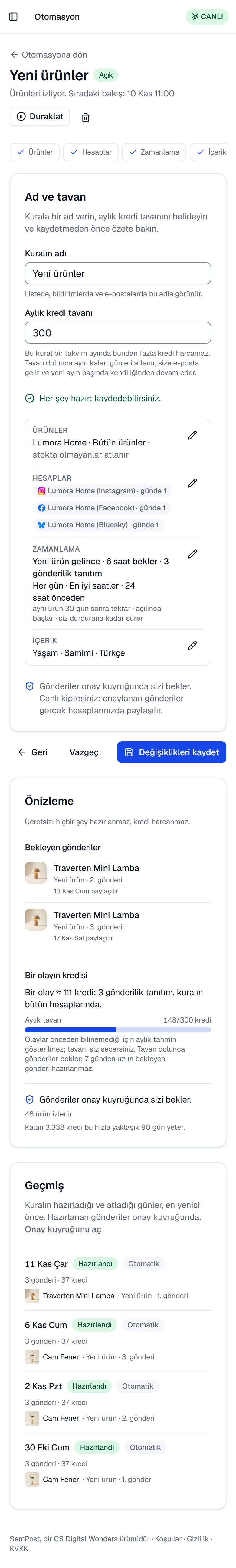 Telefonda bir olay kuralı: tetikleyiciyle özeti, önizlemede bekleyen gönderiler ve bir olayın kredisi, gönderi numaralarıyla ürünleri gösteren geçmiş