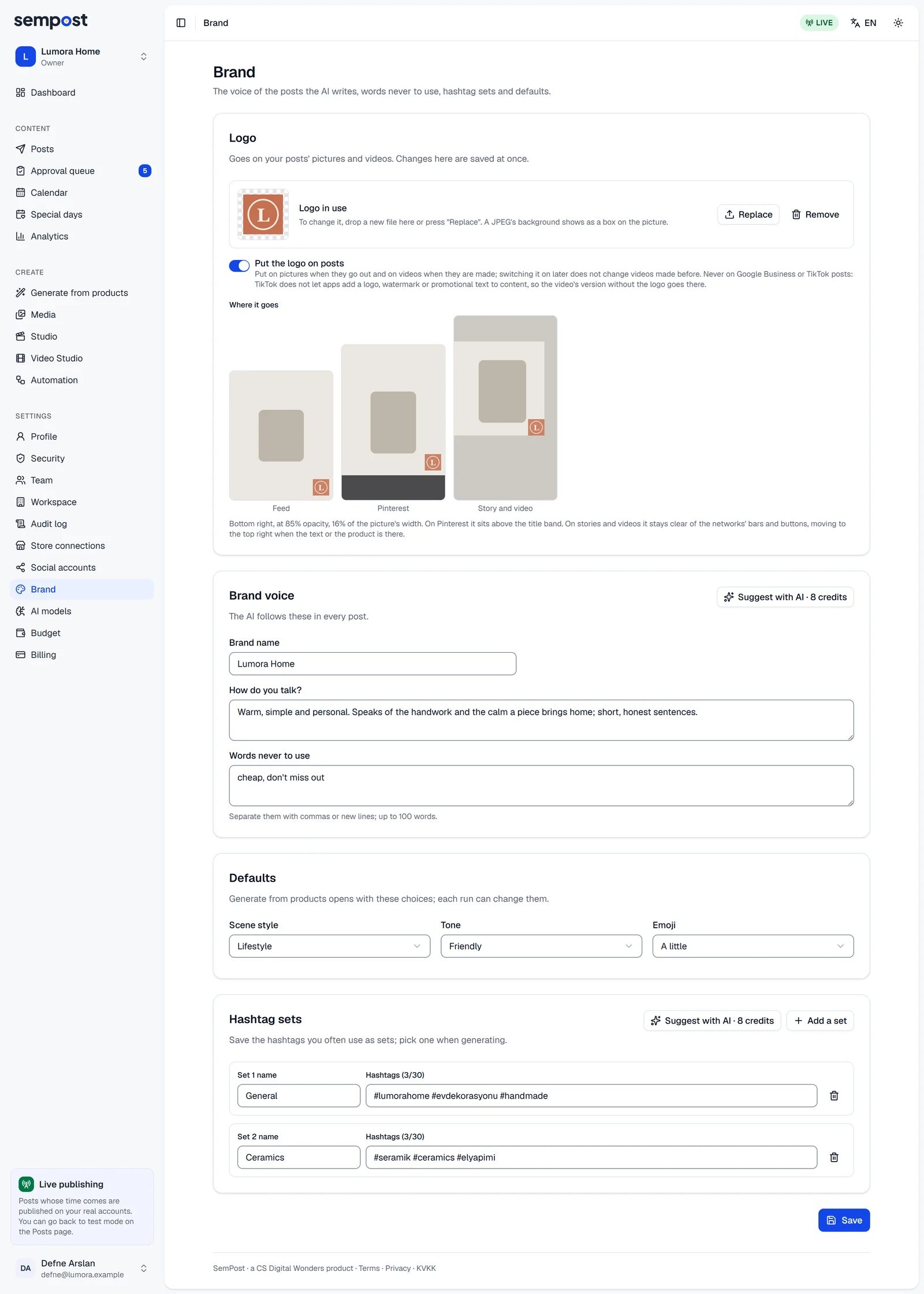 The Brand page: the logo with its switch and where it goes, the brand voice, the defaults and two hashtag sets