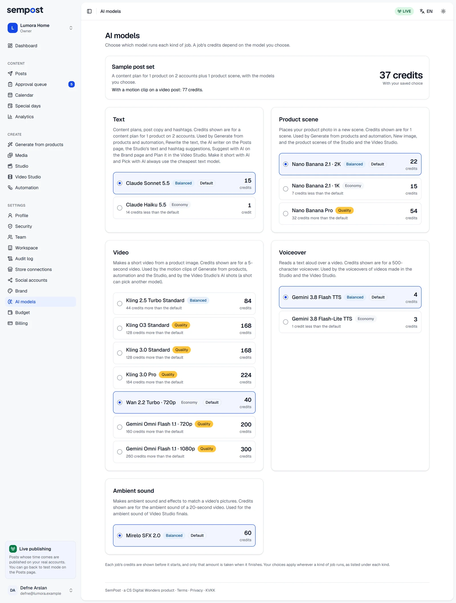 The AI models page: Sample post set at the top, then Text, Product scene, Video, Voiceover and Ambient sound, each with its models and their credits
