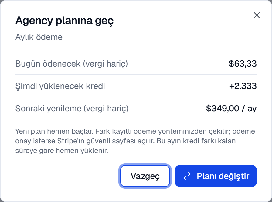 Agency planına geç: vergi hariç bugün ödenecek tutar, şimdi yüklenecek kredi, sonraki yenileme ve değişikliğin etkisi