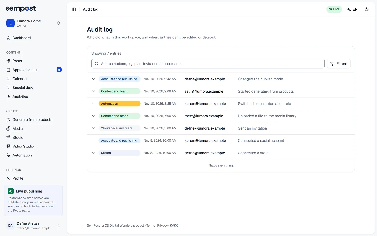 The audit log: the search box, the Filters button and entries with their area, time, person and action