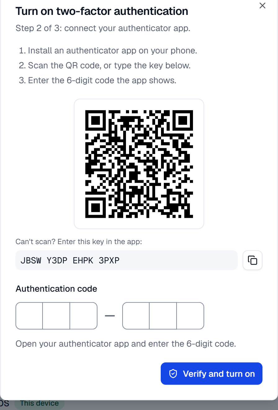 The second step: a QR code, the key to type by hand and the box for the 6-digit code