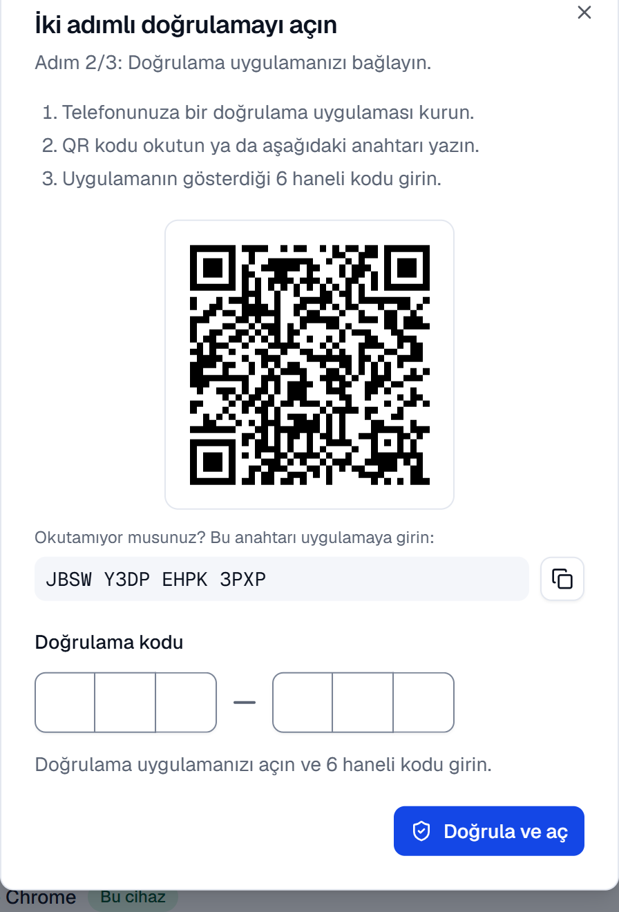 İkinci adım: QR kod, elle yazılacak anahtar ve 6 haneli kod kutusu