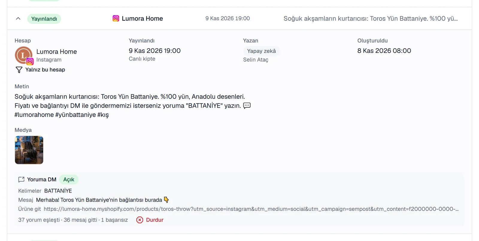 Gönderi geçmişinde yayınlanmış bir Instagram gönderisi ve Yoruma DM kutusu: Açık, anahtar kelime, mesaj, bağlantı, sayılar ve Durdur